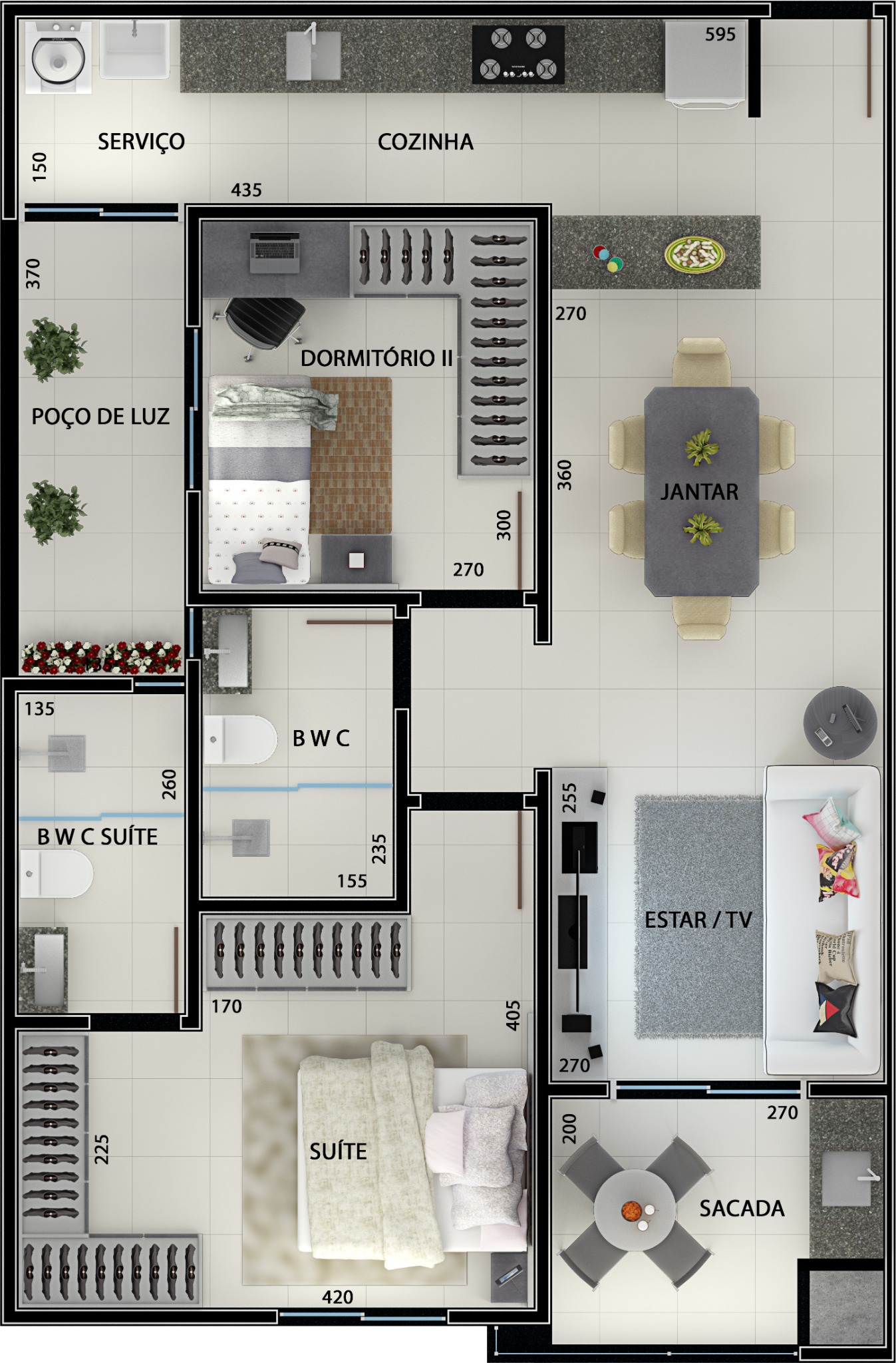 Planta humanizada com uma suíte e um quarto